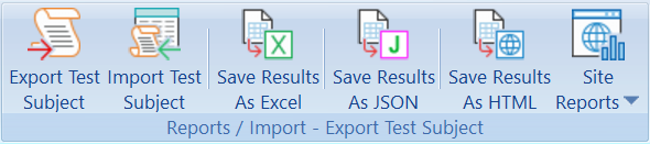 COMPLYFirst Element-V Ribbon 'Reports/Import-Export Test Subject' panel: import/export a test subject or save test results to other formats