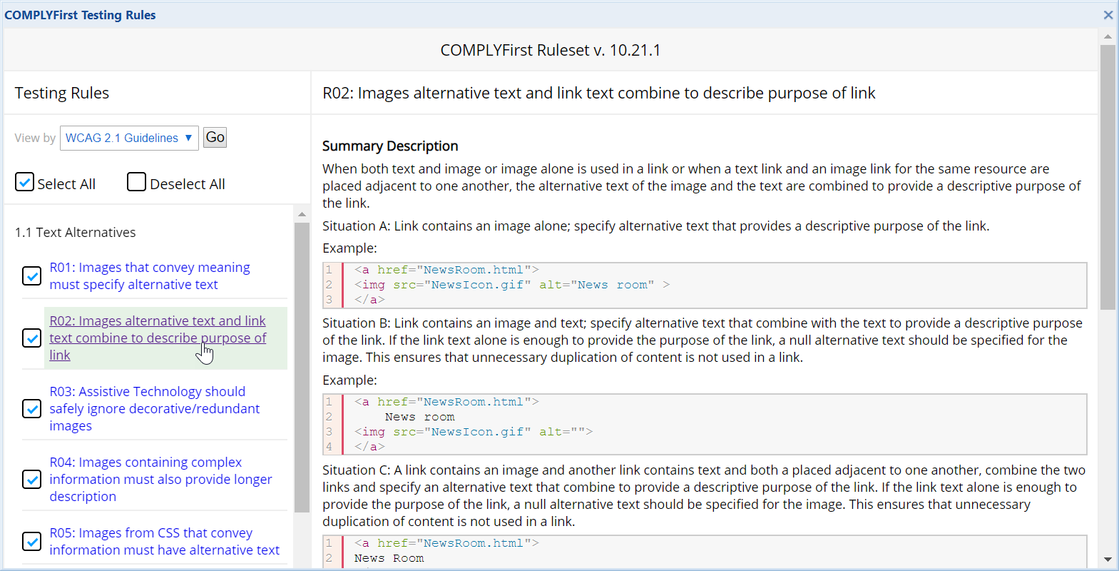 Sample COMPLYFirst Ruleset v.10.21.1 interface: showing Rules 1 to 5 navigation links with Rule 2 details